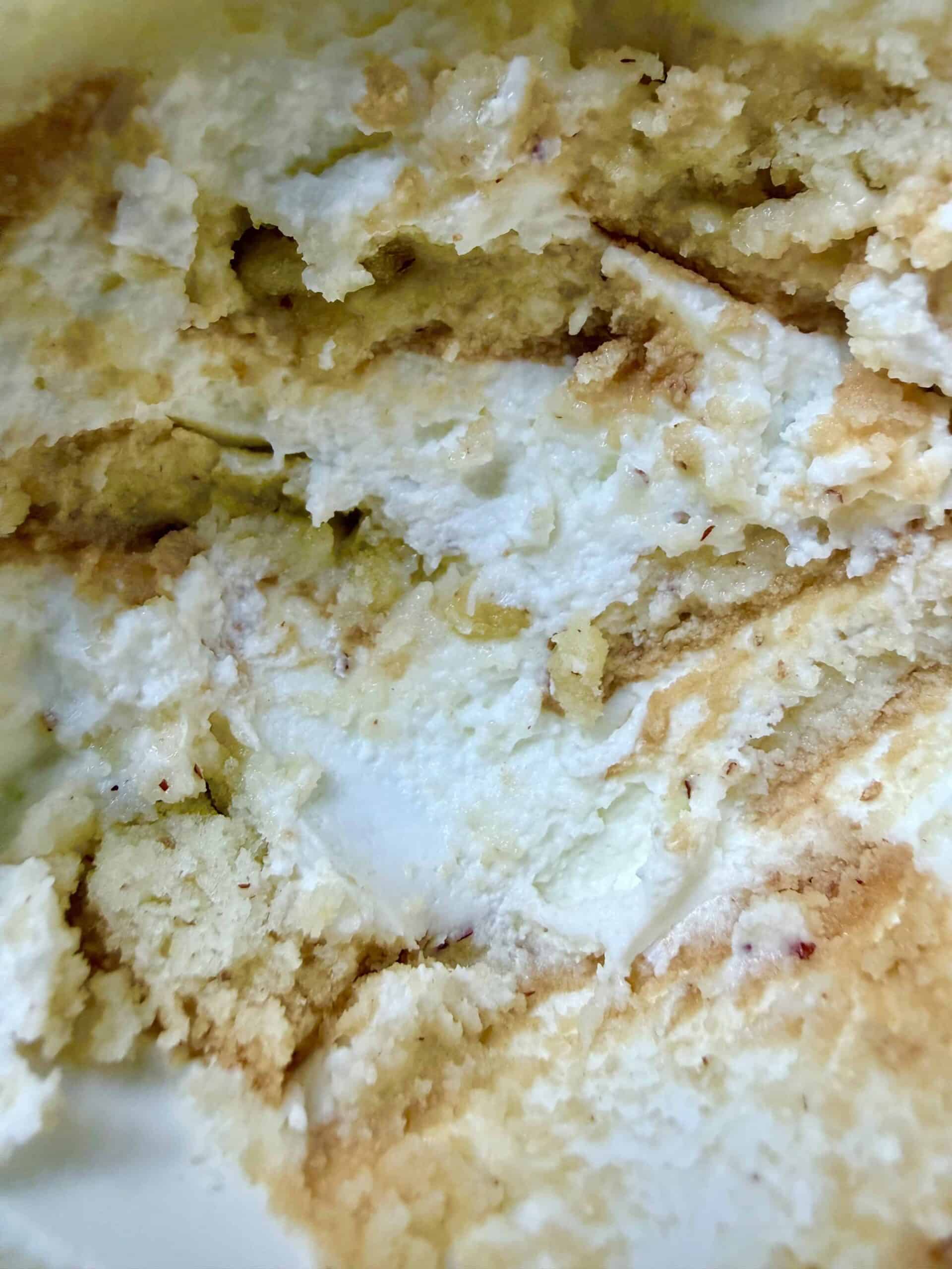Close-up of viral Tiktok yogurt cheesecake made with Greek yogurt and low-sugar cookies, showing a creamy cheescake-like texture of a spoon
