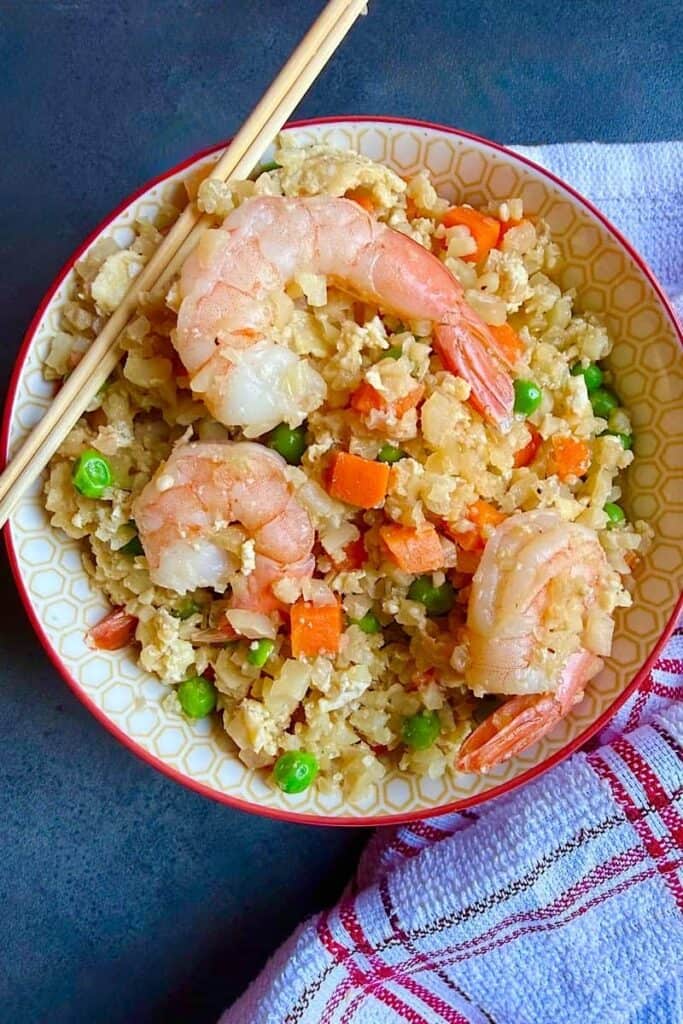 Diabetic-friendly shrimp fried cauliflower rice photographed from above