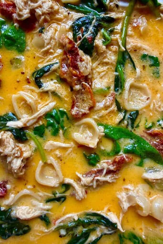 Close-up of creamy Marry Me Soup with shredded chicken, spinach, sun-dried tomatoes, Parmesan broth, and low-carb shell pasta