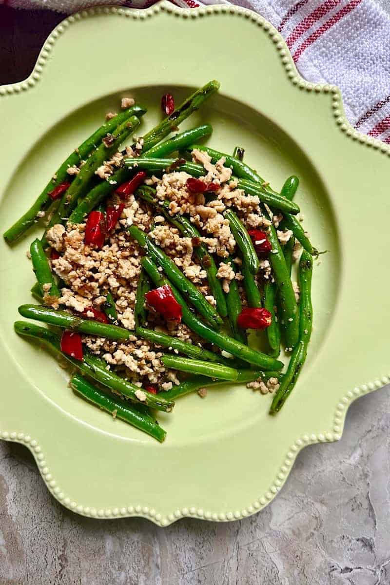 Spicy Szechuan green beans with ground pork and dried Chinese chilies
